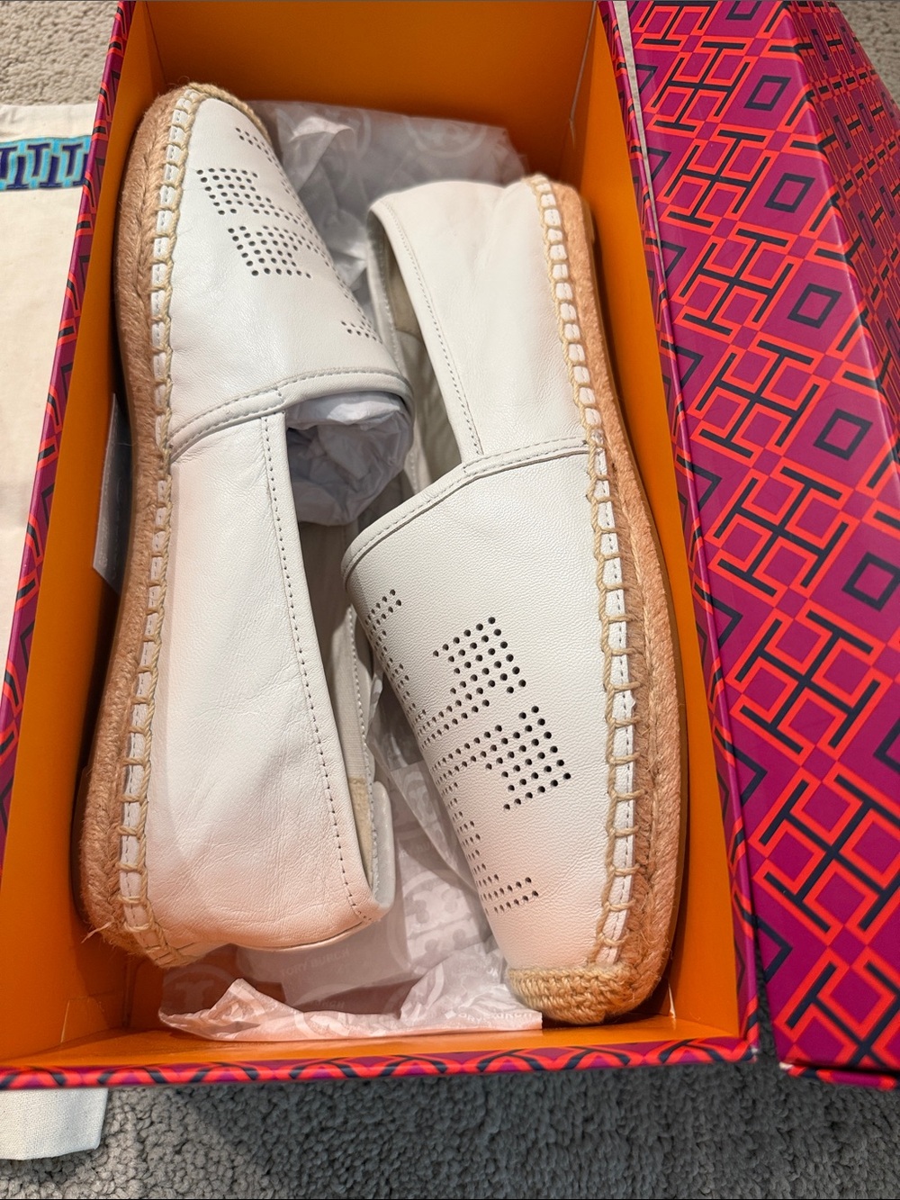 Tory Burch White Perforated Leather Espadrille Flats with Natural Jute Trim
